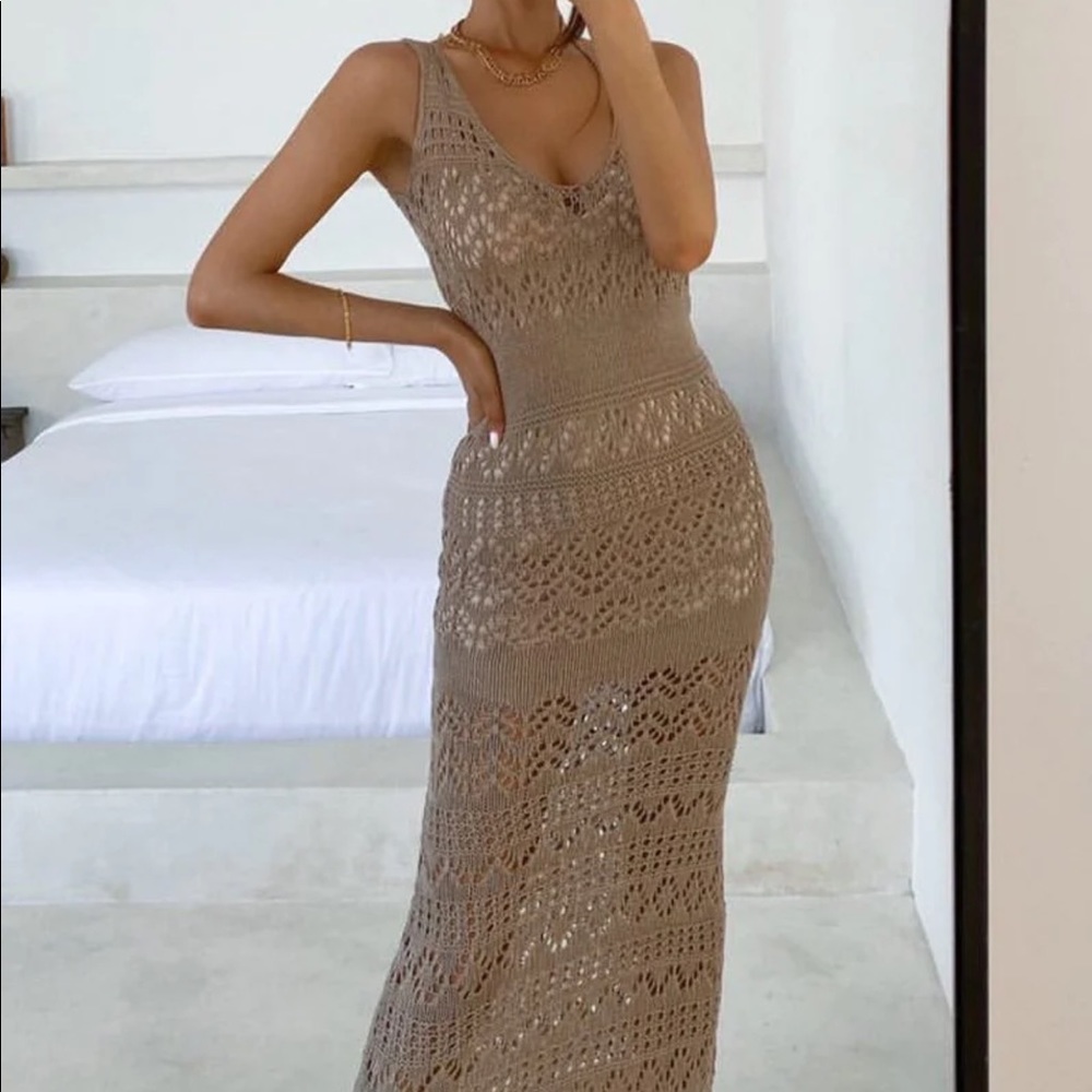 Sleeveless Crochet Maxi Dress in Taupe